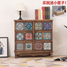 0c黑胡桃木色斗柜 经济型储物柜家用简易床头柜实木美式彩绘柜子