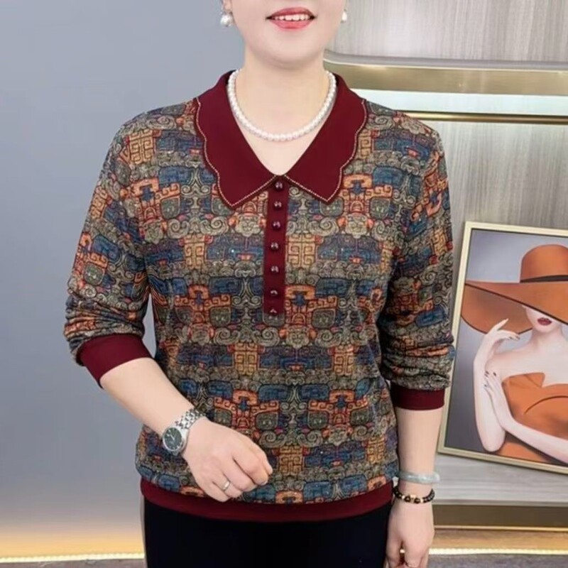 2026 Autumn New Style Middle-Aged and Elderly Women's Clothing: Doll Collar Long Sleeve T-Shirt with Jacquard Design, Slimming and Stylish Casual Top