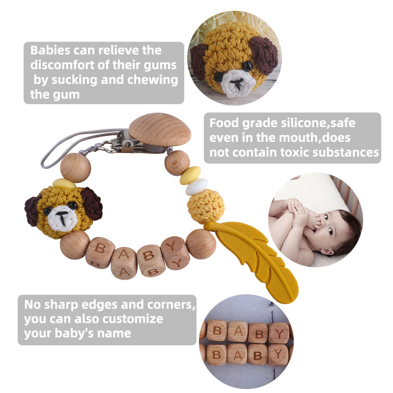 Nueva haya chupete clip bola de lana animal dibujos animados bebé nombre personalizado pluma silicona teether juguete molar