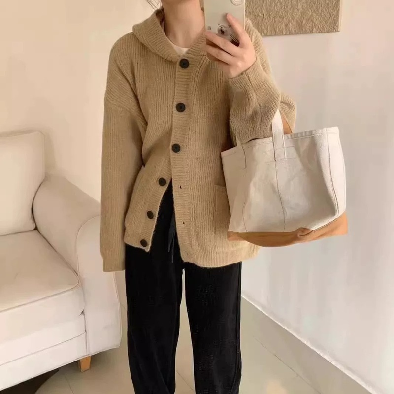 复古连帽中长款毛衣外套女秋冬款宽松软糯慵懒风加厚口袋针织开衫|undefined