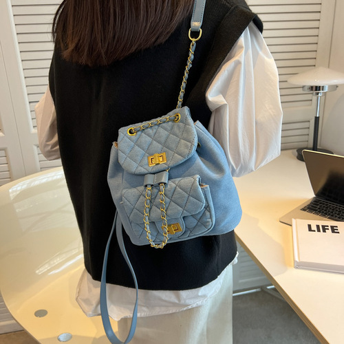 Denim Backpack Women's  New Fashion Versatile Diamond Backpack Summer Casual Travel Backpack