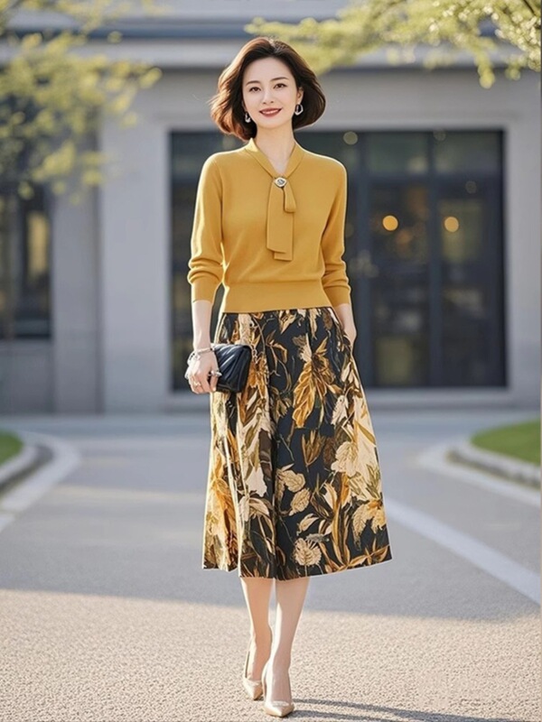 黄色ニットセット2025年婦人服春新作高級感ストラップ上着プリントスカート2点セット|undefined