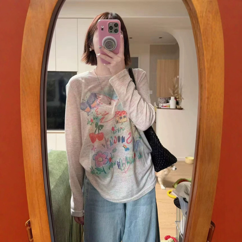 Summer Round-Neck Graffiti Print Sun Protection Shirt, Cool and Lazy Style Cover-Up, Women's Long-Sleeve T-Shirt, Loose and Relaxed Thin Top