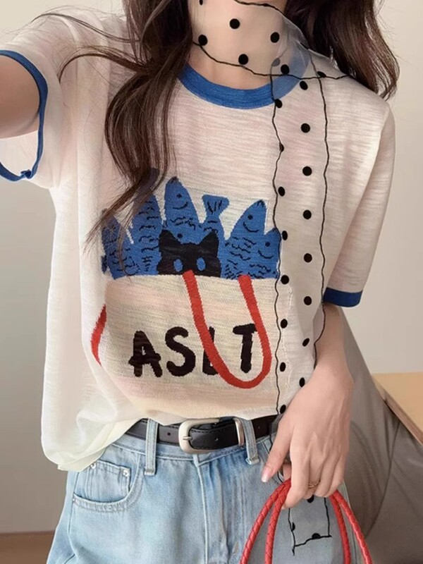 Gejia モールの同じスタイルの女性の 2025 夏薄いブルーアイスシルク半袖 T シャツ韓国の超見栄えの良いユニークなトップ|undefined