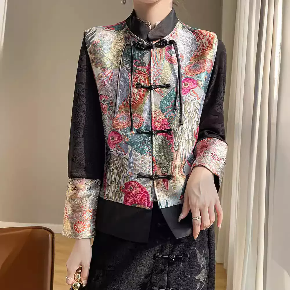 新中式复古国风提花盘扣马甲外套女2024新款外搭别致马夹背心上衣