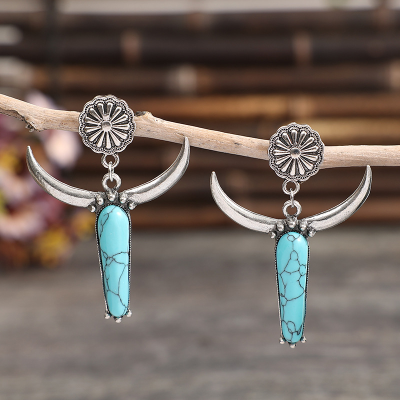 1 Pair Ethnic Style Cattle Plating Inlay Alloy Turquoise Drop Earrings display picture 1