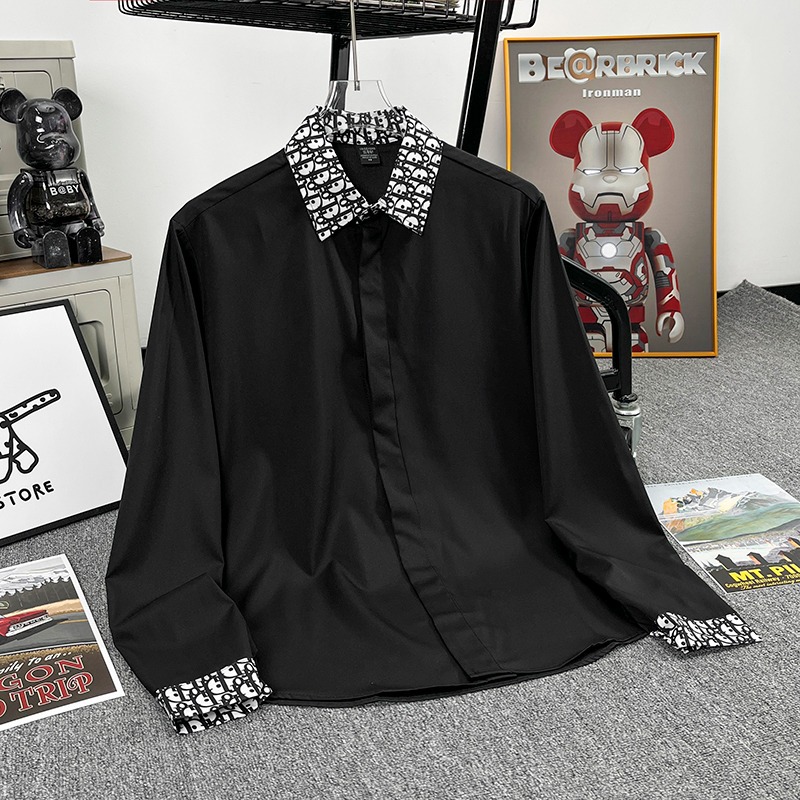 European-Style Light Luxury Men's Personalized Jacquard Letter Slim-Fit Thin Shirt Fashion Casual Versatile Business Top