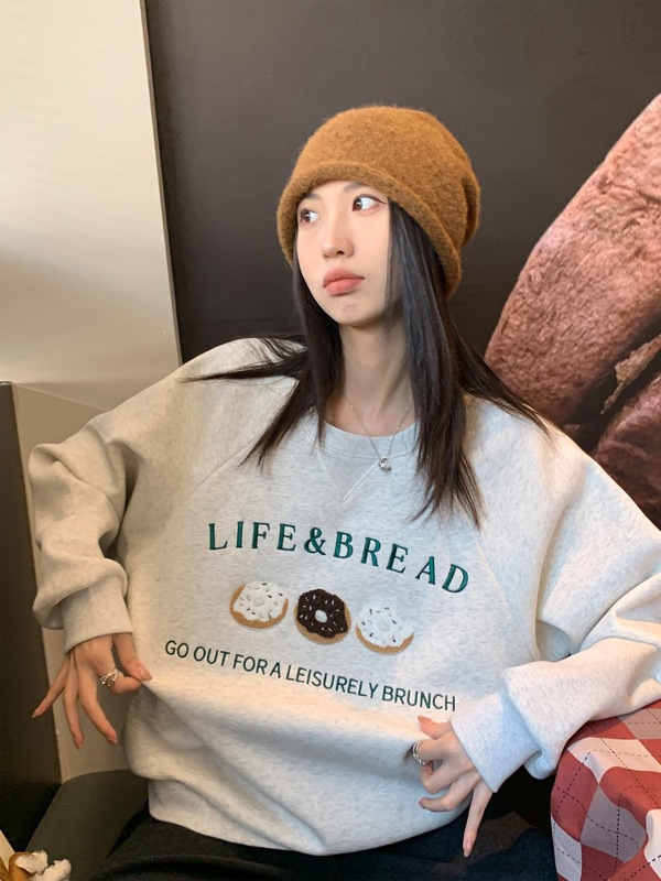 阿一 海盐甜甜圈 圆领卫衣女秋季新款宽松美式灰色oversize上衣|undefined