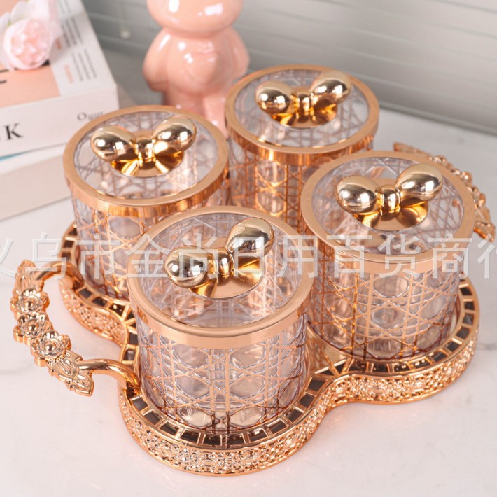 European-Style Jar Set of Four, Light Luxury Style Storage, Creative Candy Jar with Tray, Home Desktop Plastic Jar Candy Box