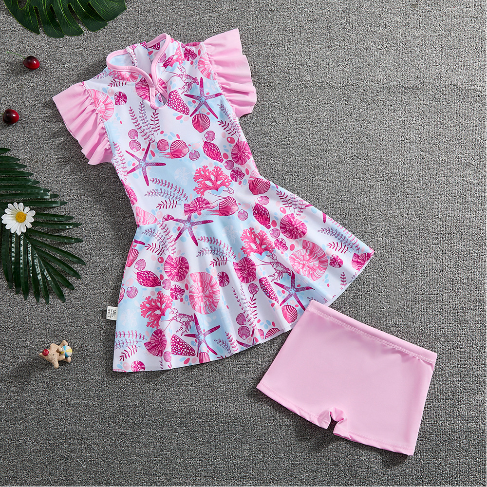 Girls' Guofeng Split Swimsuit Children's New Chinese Style Summer New Girl's Sunscreen Quick-Drying Dress Swimsuit Trendy