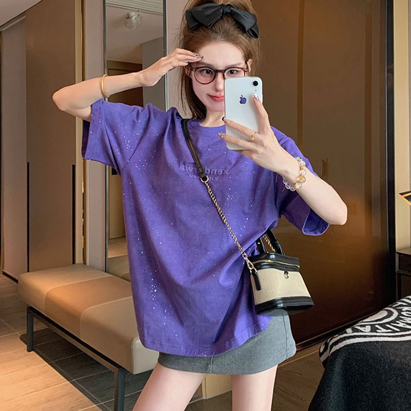 2026 New Summer Trendy Purple Short-Sleeved T-Shirt for Women with a Stylish American Oversize Design and Rhinestone Embellishments on the Shoulder