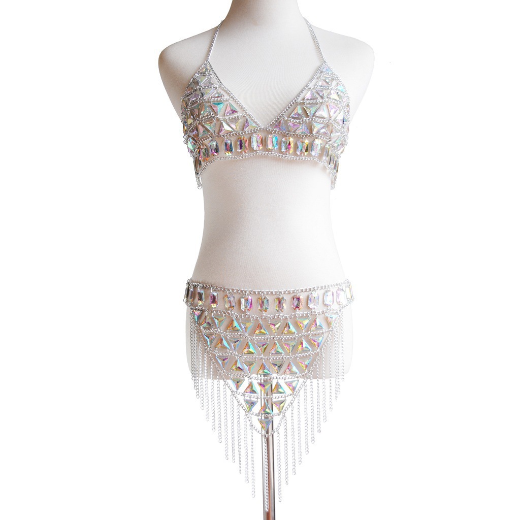 Cadena de Cuerpo Multicapa con Borlas Brillantes para Discoteca, Estilo Europeo y Americano, Joyería para el Pecho, Cadena de Cintura Sexy para Bikini de Playa