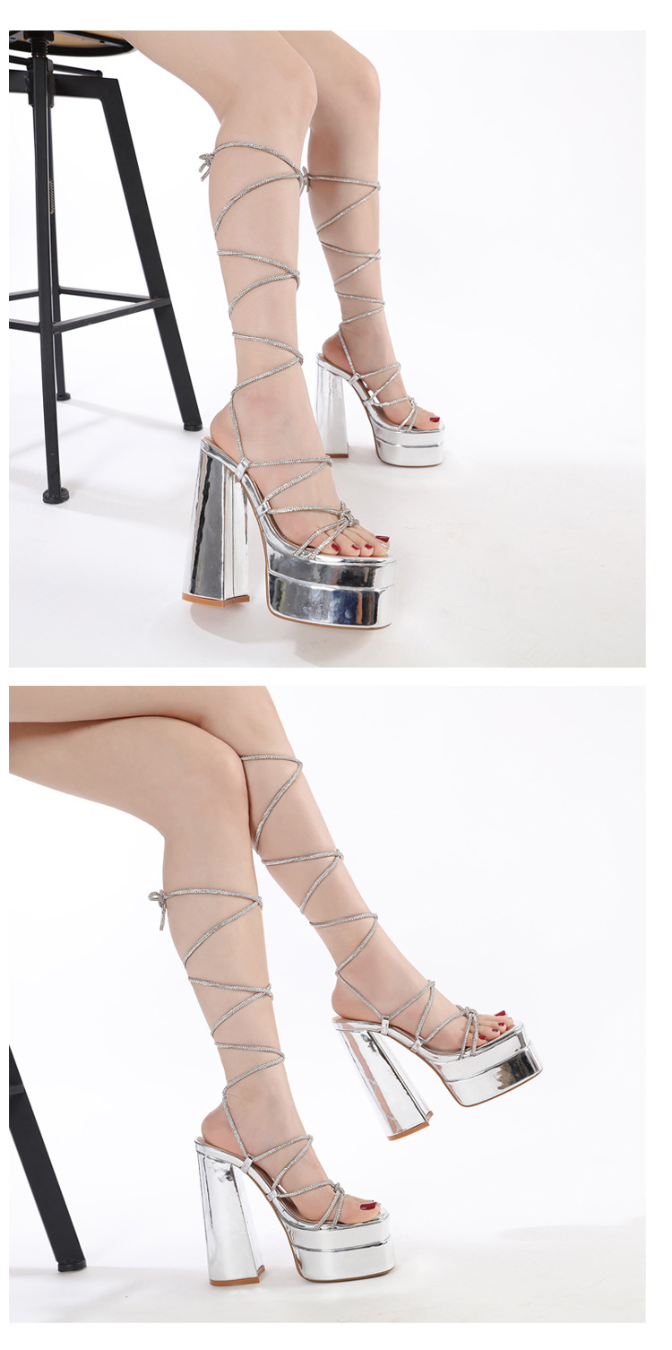 Dép sandal cao gót La Mã đính đá Rhinestone, quai dây buộc cỡ lớn — Màu đen chi tiết 11