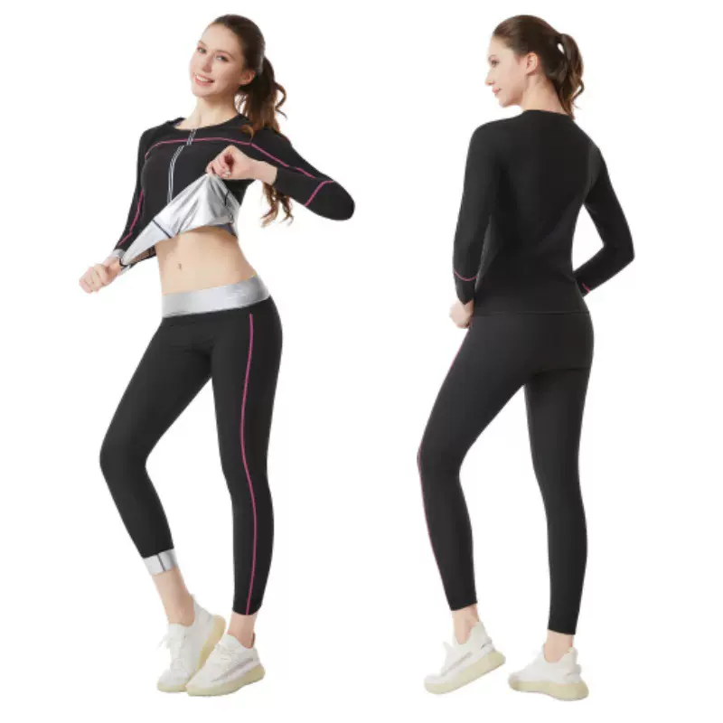 跨境欧美女士健身服户外运动跑步暴汗服粉线拼接长袖套装桑拿服