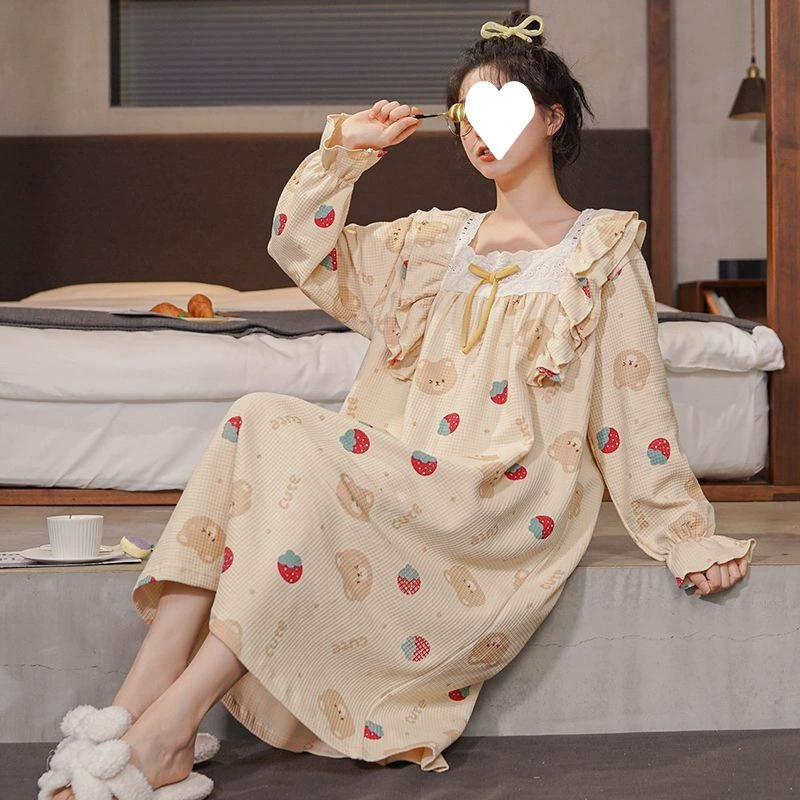 Женская ночная рубашка из чистого хлопка с длинными рукавами, весна и осень 2025, новые пижамы выше колена, длинная свободная осенняя домашняя одежда большого размера