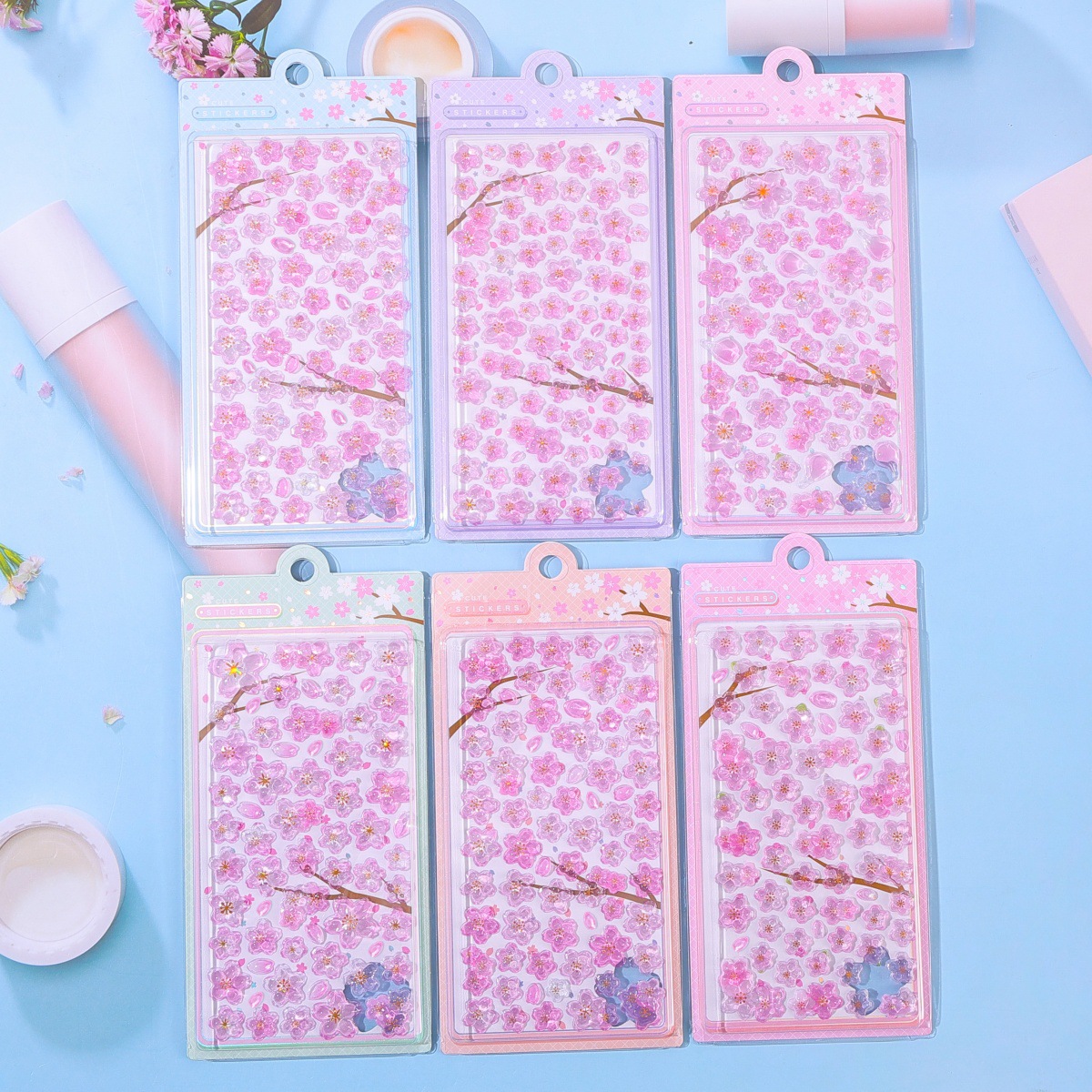 Envasado exquisito flor de cerezo japonesa 3D pegatinas en relieve estereoscópico dibujos animados para niños adorable decoración pegatinas de cristal estampado