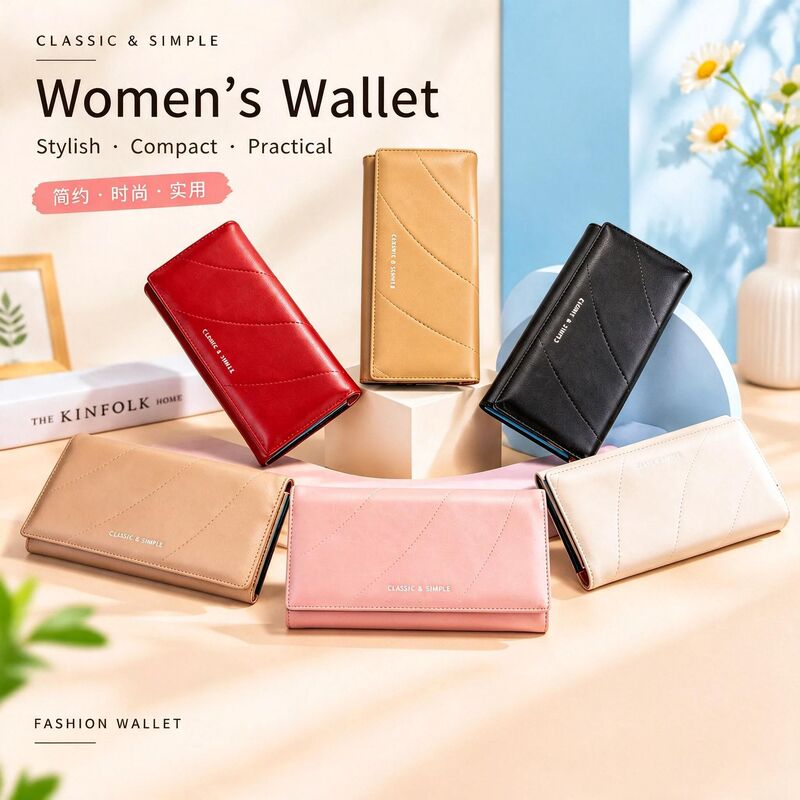 Korean-style fashionable long twill women's wallet, large capacity, multiple card slots, hand-held leather wallet, cross-border money purse from the source factory