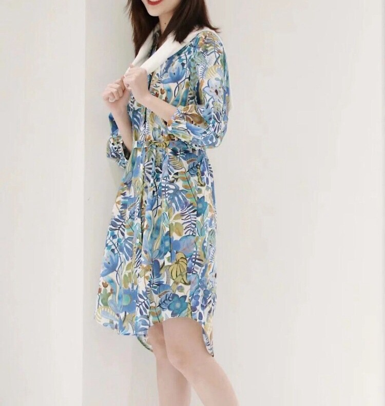 icic Hejia 2021 Spring and Summer New Easy-to-care Cotton Printed Cloth Rainforest Bubble Sleeve Fancy Shirt Dress