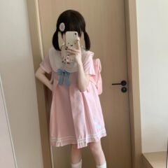 日本のかわいいウサギの耳ネイビーカラープリーツスカート女性の夏の新しいスタイルの小さな日常多用途ドレス