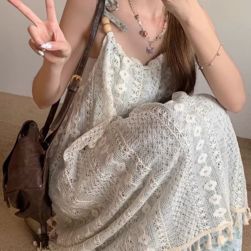 Designed with a Sense of Style, Tassel Lace Hollow-Out Camisole Dress for Women, Summer Vacation Style Long Dress, Ethnic Style Camisole Dress
