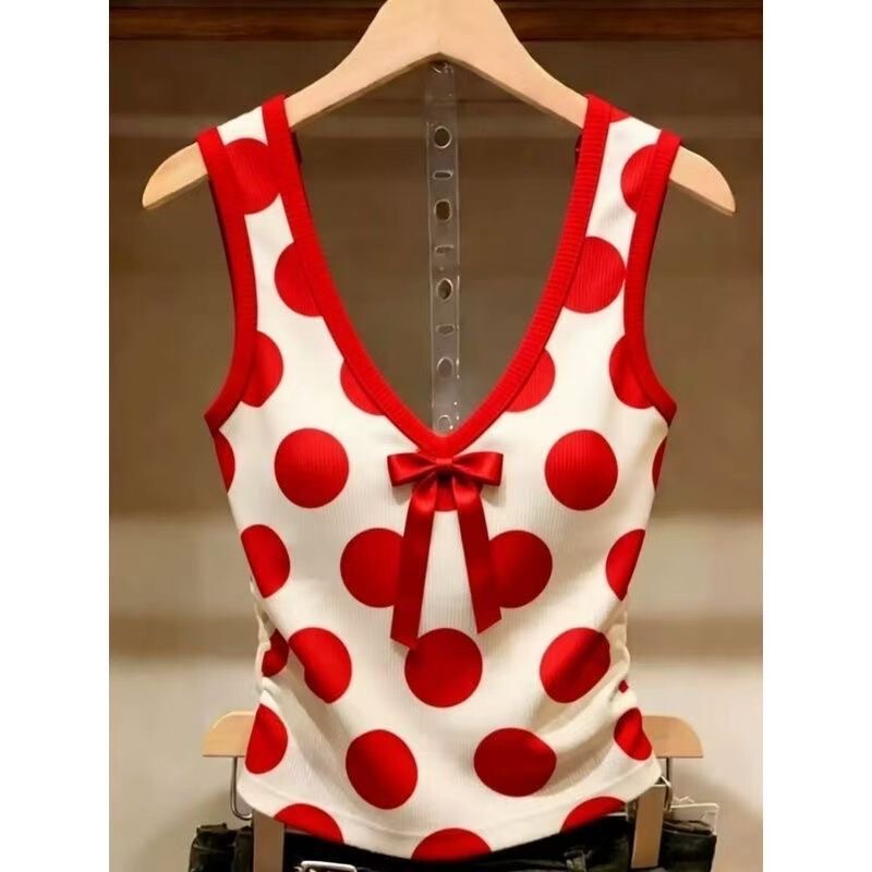 Cross-Border Red Polka Dot Camisole for Women, Dopamine Style, Versatile Bow V-Neck, High-End Feel, Unique and Niche