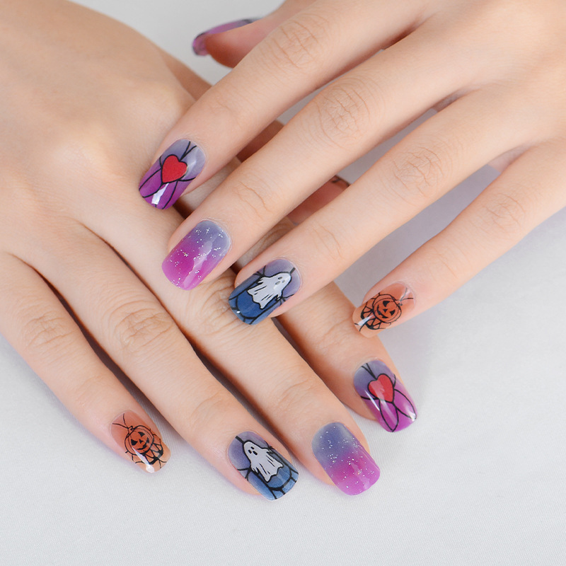 Cross-Border Hot Selling New Colorfuled Glass Pattern Nail Stickers Halloween Bat Ghost Design Uv Gel Nail Stickers