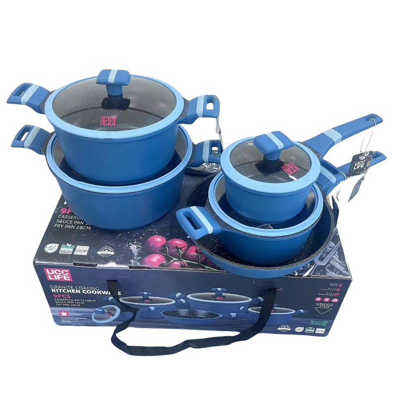UCCLIFE olla de sopa juego de ollas pegajosas 9PCS fundición a presión olla de aluminio con fondo de inducción olla antiadherente mármol