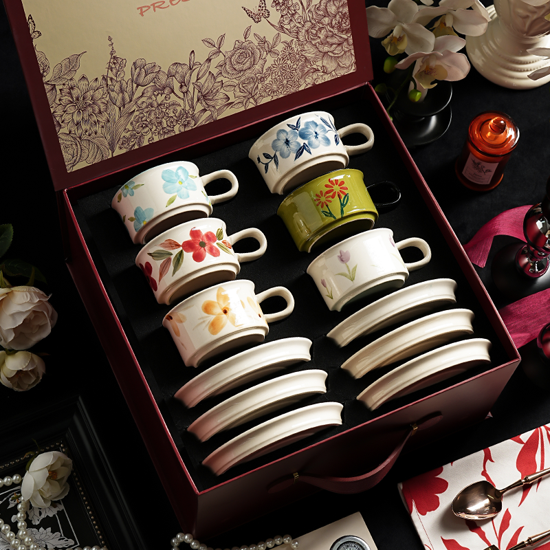 [red gift box] medieval flowers 6 cups and 6 dishes (lake blue + orchid + red flower + green + autumn + tulip)