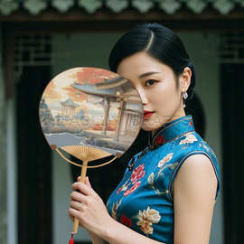 团扇古风新中式手工竹骨圆柄扁柄纸面布面高品质蒲扇圆形小扇子