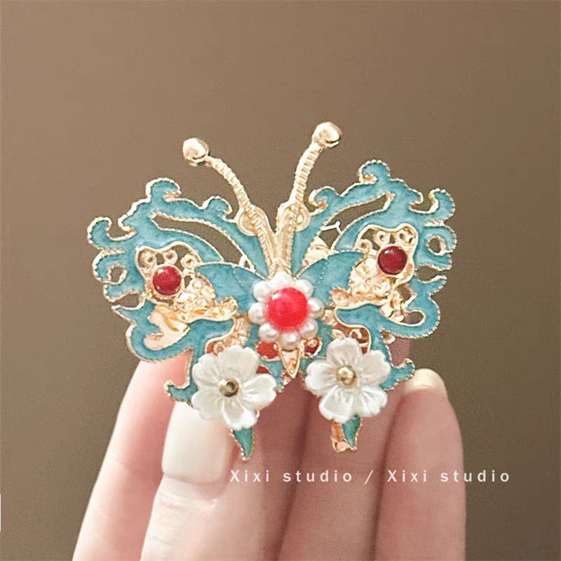 New Chinese-Style Butterfly Blue Exquisite Small Hairpin for Elegant Girls' Bun Side Hair Accessory with Cheongsam Hairpin
