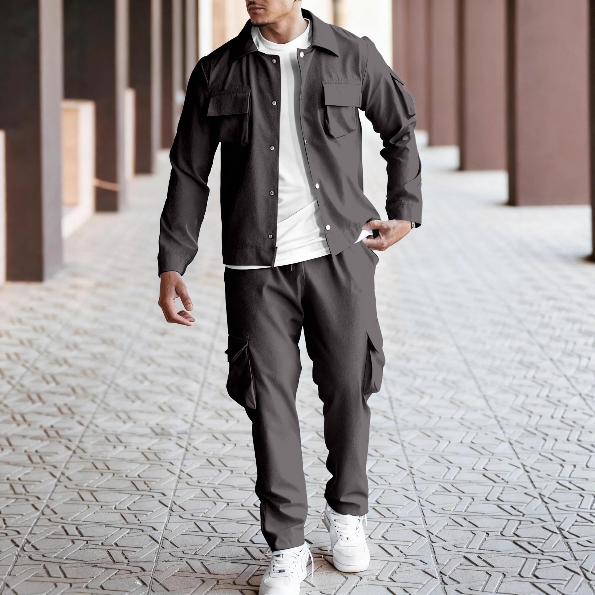 Monochrome Man- New Cross-Border European And American Spring/Autumn Fashion Multi-Pocket Jacket Set, Casual Everyday Workwear_voghion.com