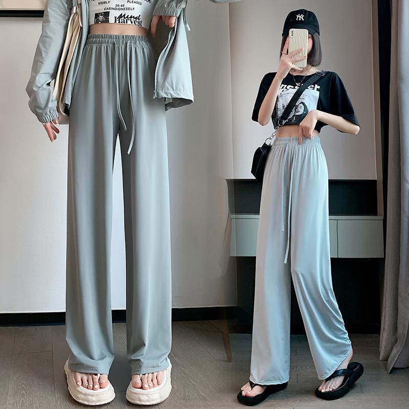 Spring and Summer New Style Ice Silk Sunscreen Wide-Leg Pants for Women, Versatile Slimming Narrow Version Drawstring Straight Casual Pants