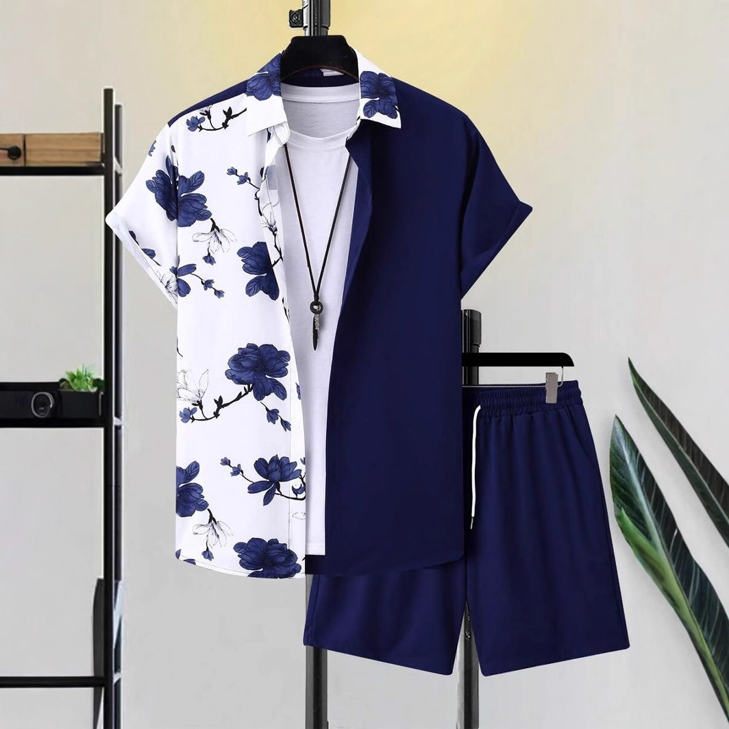 Ink Flower Colisions 3D Impresión digital Cross-border Xiyin Venta caliente Camisa de verano Pantalones cortos Conjunto Vacaciones en la playa