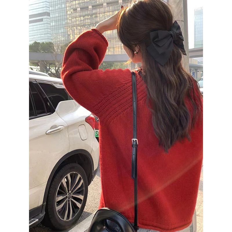法式洋气黄色针织衫毛衣套头新款女秋季粗棒针宽松慵懒风上衣|undefined