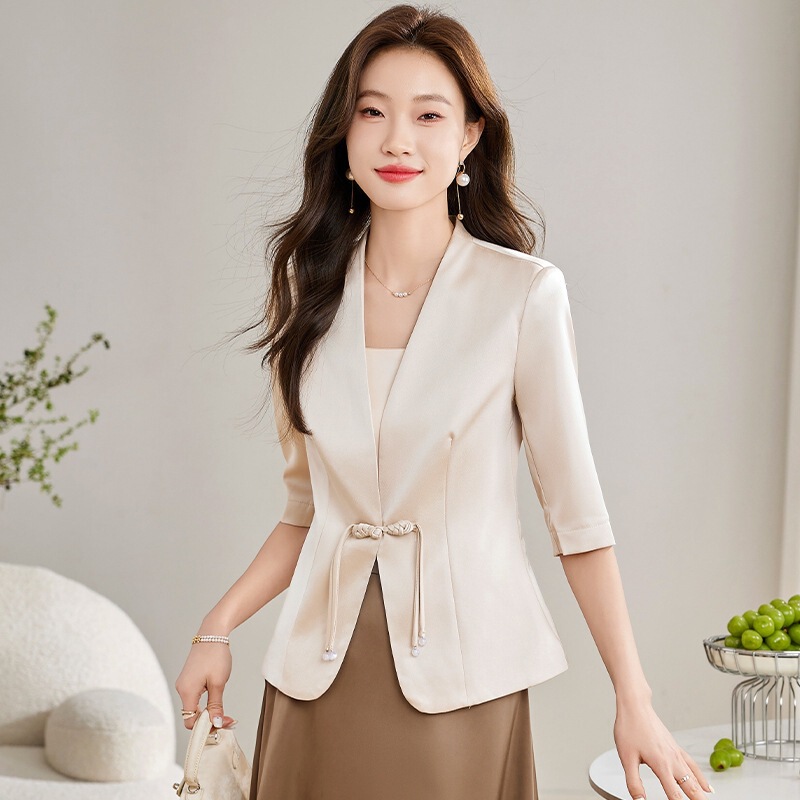 New Chinese Style Mid-Sleeve Blazer for Women, Summer Thin High-End Casual Petite Button-Up Suit Jacket