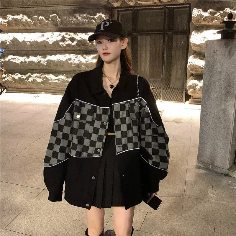 Denim jacket, oversize spring 2022 collection, black checkerboard design