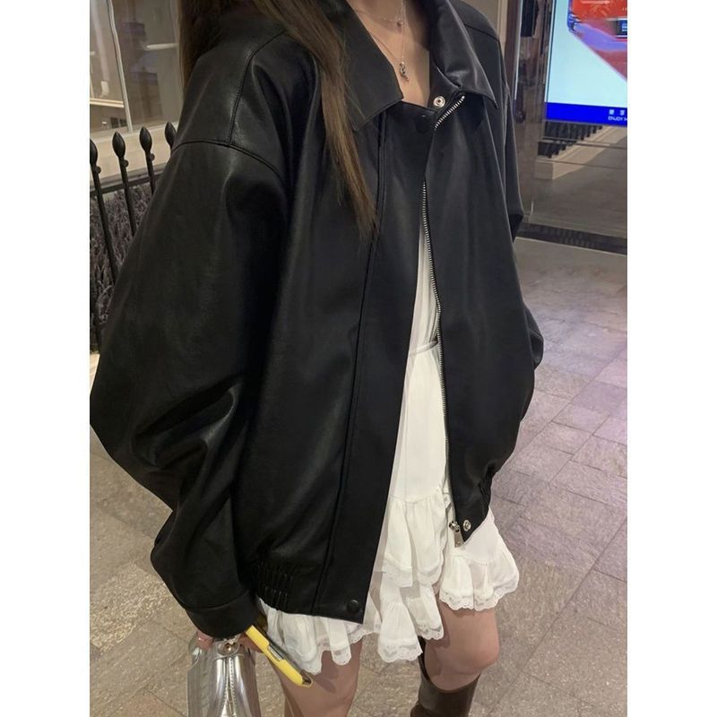 复古高级感黑色皮衣外套女2025年春秋新款韩版宽松夹克上衣短款|undefined