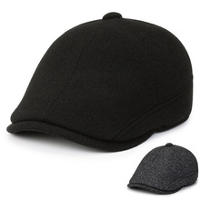 2022新款秋冬季鸭舌帽纯色呢子带护耳中老年棉帽爷爷帽子老头帽冬