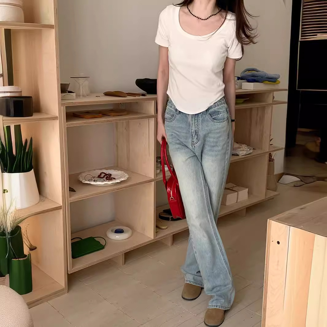 WEI SONG VINTAGE OLD LIGHT COLOR NARROW STRAIGHT 청바지 여성 여름 한국 스타일 높은 허리 슬리밍 올 매치 와이드 레그 바지