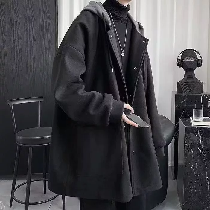Комплект, мужское осеннее шерстяное пальто, стеганое trenchcoat с капюшоном, британский стиль, свободный крой, увеличенная толщина