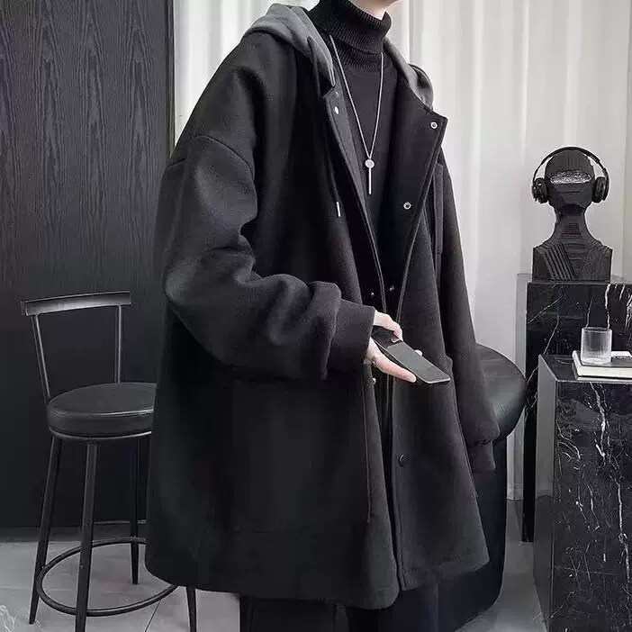 Комплект, мужское осеннее шерстяное пальто, стеганое trenchcoat с капюшоном, британский стиль, свободный крой, увеличенная толщина