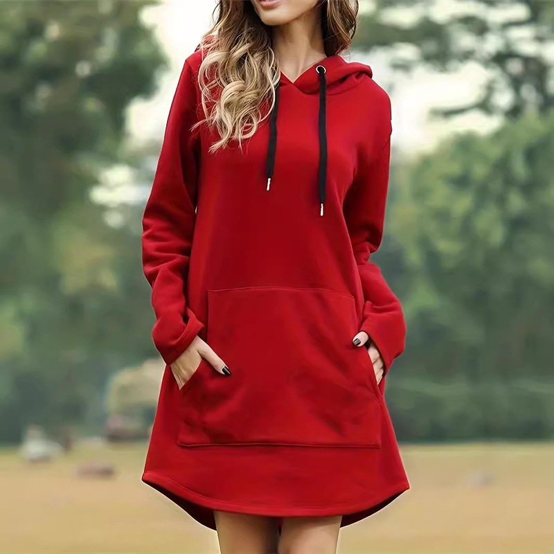 2024 cross-border fleece-lined long solid color sweater hooded drawstring sweater skirt autumn and winter fashion warm shirt women's clothing