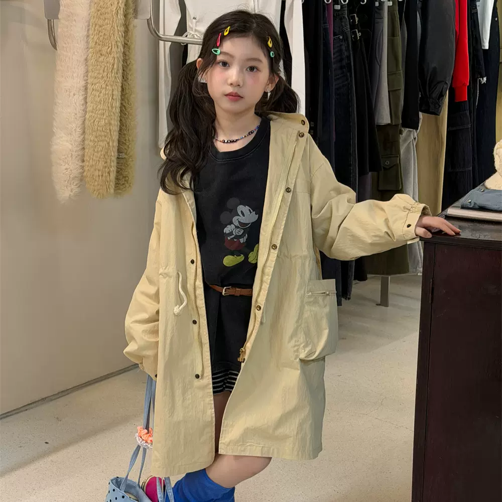 花与寻童装女童长款风衣2026年春款连帽宽松显瘦百搭儿童防风外套