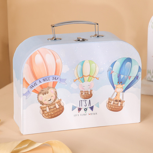 Create a cartoon hot air balloon themed carry-on suitcase gift box for kindergarten children's toys and playsets.