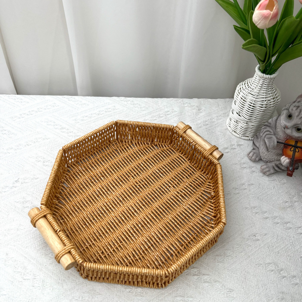 Cesta de almacenamiento tejida de ratán, mesa tejida, organización de artículos diversos, almacenamiento de bocadillos, bocadillos de frutas, bandeja de té de la tarde, almacenamiento de platos de frutas