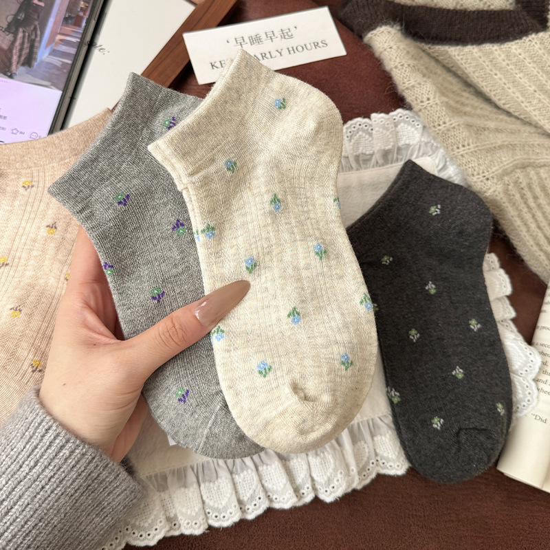 Retro Floral Socks Women's Spring and Summer Ins Socks Japanese Style Thin Student Boneless Socks Breathable Sweat-Absorbent Boat Socks Cotton