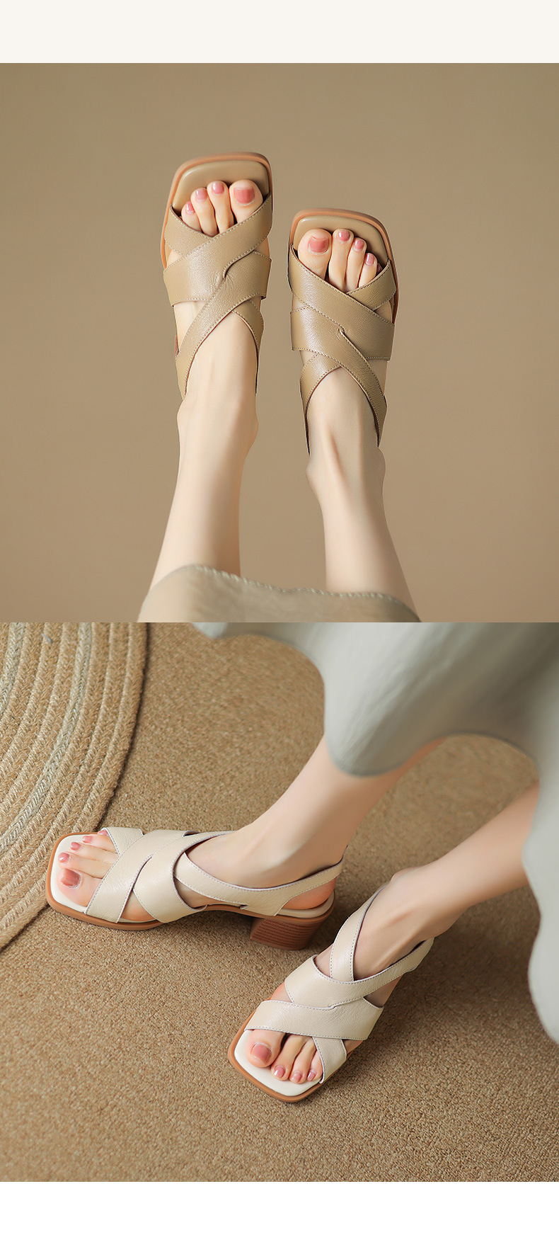 Sandal La Mã da cừu đan sọc rộng gót thô hở ngón — Màu camel chi tiết 14