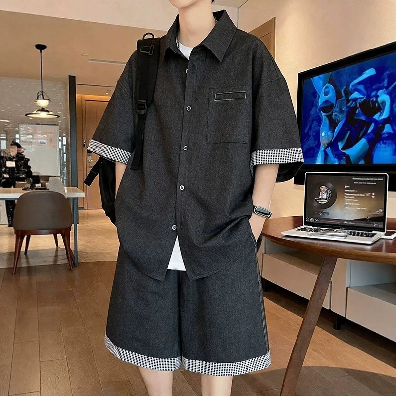 2026 Navy Blue Workwear Shirt Two-Piece Set for Men, Summer Plaid Patchwork Design, Short-Sleeved Thin Shirt 2026 Navy Blue Workwear Shirt Two-Piece Set for Men, Summer Plaid Patchwork Design, Short-Sleeved Thin Shirt