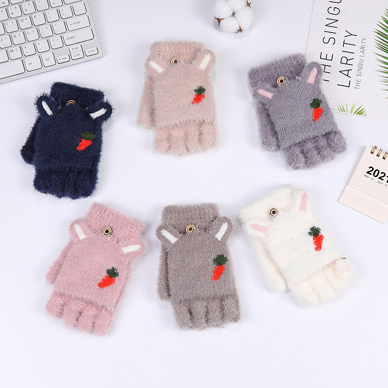 New Arrival Radish Half-Finger Gloves Women's Winter Plush Warm Student Writing Typing Knitted Open-Finger Long Gloves Wristband
