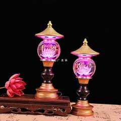 LED水晶蓮花燈佛供燈黃光琥珀花燈七彩家用佛燈玻璃佛供燈插電對